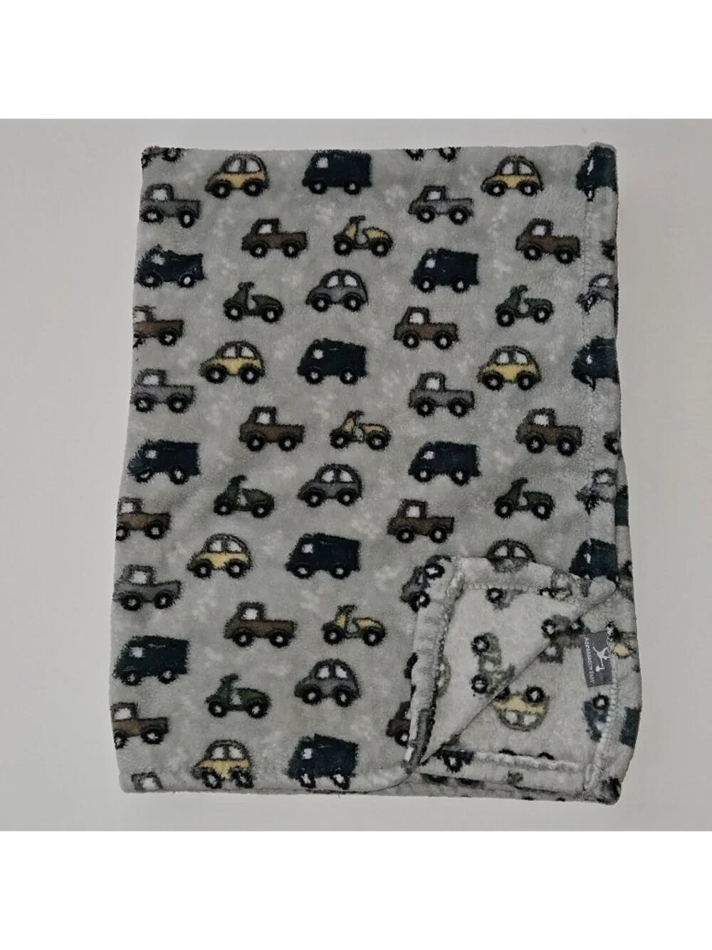 Adirondack Baby Blanket Fleece 28x38 Gray Vehicles Cars Trucks Blue Yellow Green